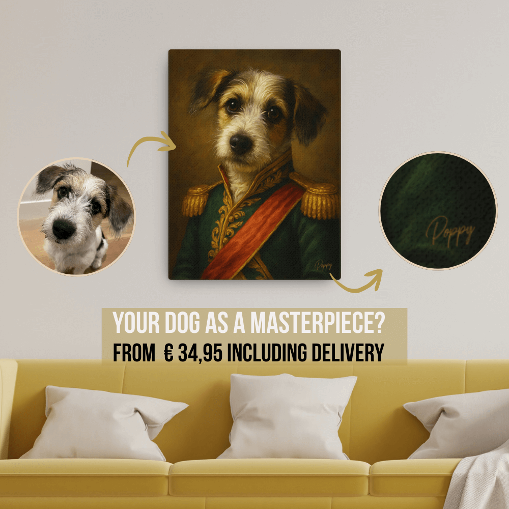 Binky Comfywear offers personalized classic dog portraits, turning your pet into a unique masterpiece for just €34.95.