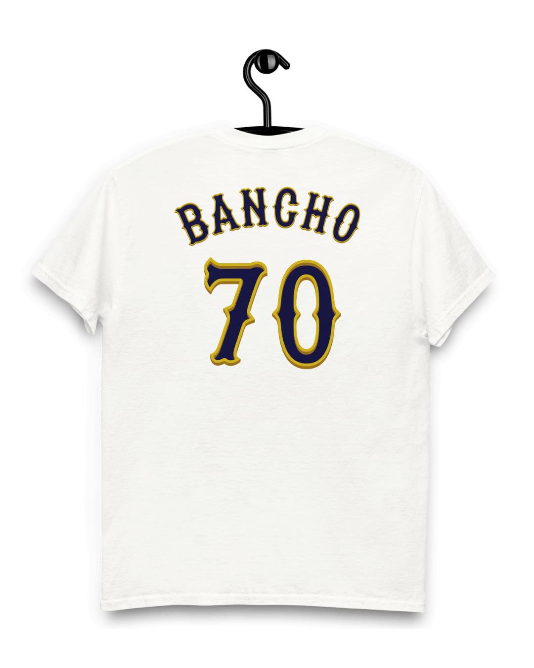 Back view of JAPAN BANCHO 70 T-SHIRT featuring large 'BANCHO 70' print on a white cotton tee.