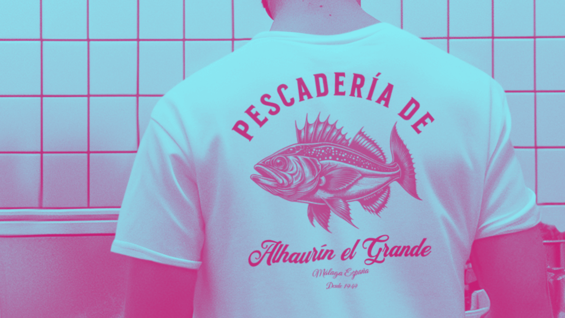 Person wearing a t-shirt with 'Pescadería de Alhaurín el Grande' design and fish graphic