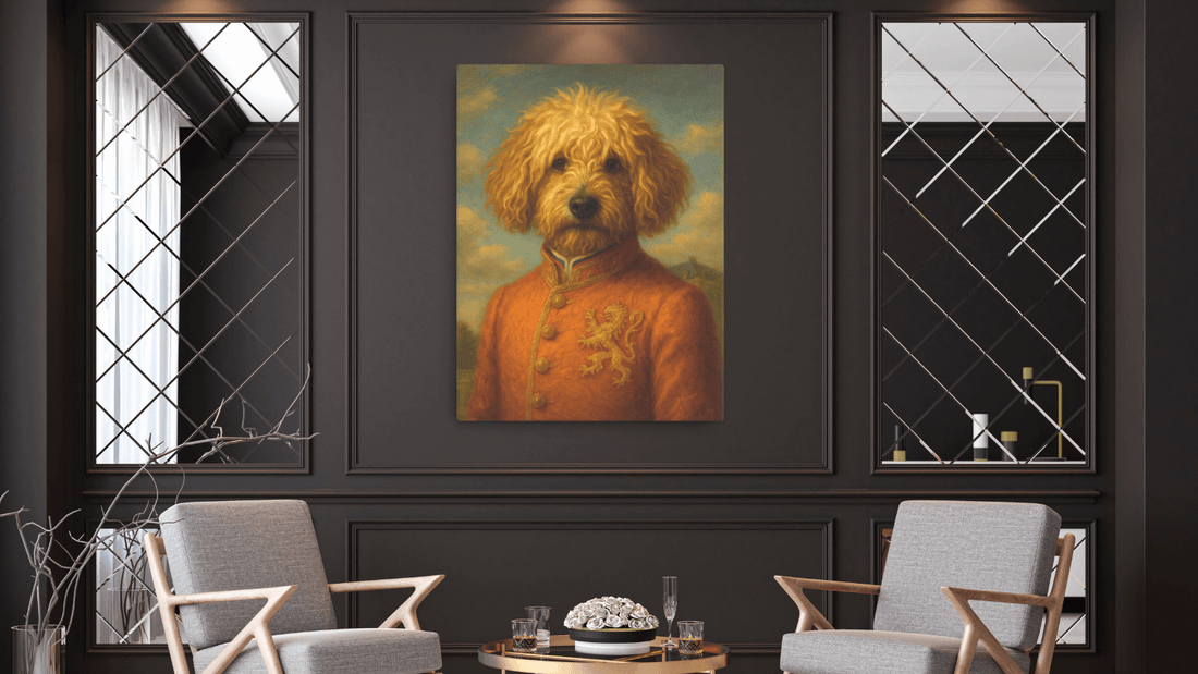 Custom dog portrait from photo hanging in a modern living room. Retrato de perro personalizado a partir de foto colgado en un salón moderno. Hondenportret vanaf foto – van snapshot naar kunstwerk
