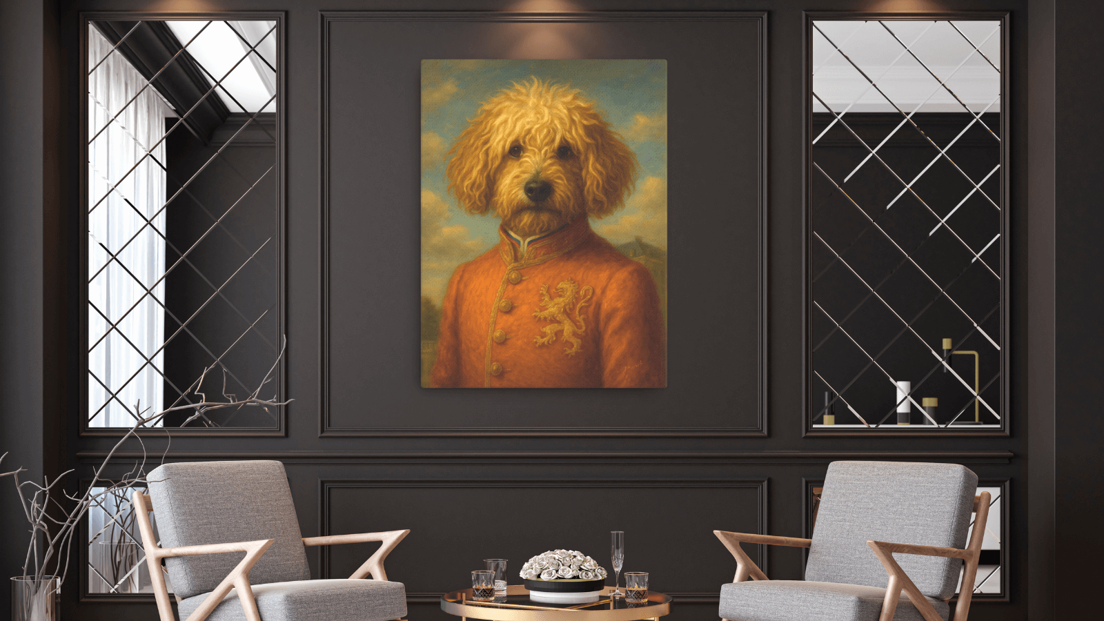 Custom dog portrait from photo hanging in a modern living room. Retrato de perro personalizado a partir de foto colgado en un salón moderno. Hondenportret vanaf foto – van snapshot naar kunstwerk