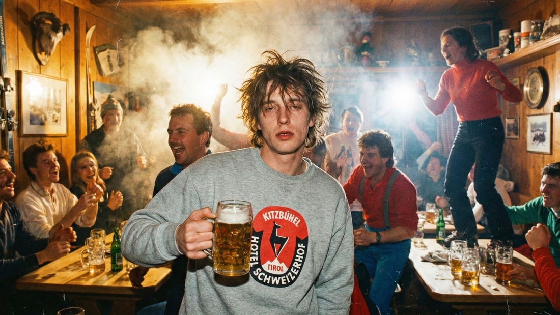 Kitzbühel Après-Ski party atmosphere with people celebrating and enjoying drinks in a lively bar.