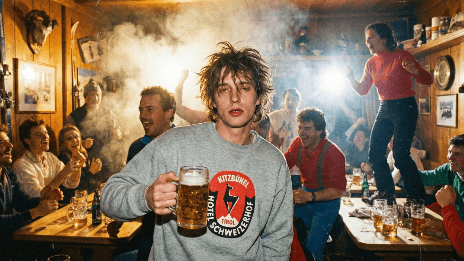 Kitzbühel Après-Ski party atmosphere with people celebrating and enjoying drinks in a lively bar.