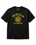 ALABAMA EAGLE BOOTLEG T-SHIRT | FORT McCLELLAN HERITAGE black t-shirt featuring Fort McClellan design in yellow.