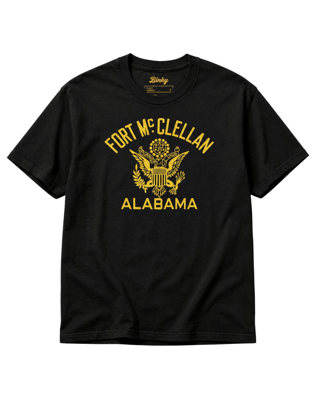 ALABAMA EAGLE BOOTLEG T-SHIRT | FORT McCLELLAN HERITAGE black t-shirt featuring Fort McClellan design in yellow.