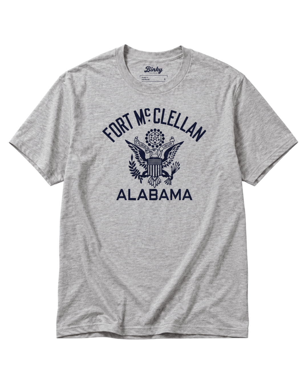 ALABAMA EAGLE BOOTLEG T-SHIRT | FORT McCLELLAN HERITAGE in gray with military-inspired graphics.