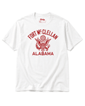 ALABAMA EAGLE BOOTLEG T-SHIRT | FORT McCLELLAN HERITAGE featuring a white shirt with red Fort McClellan print.