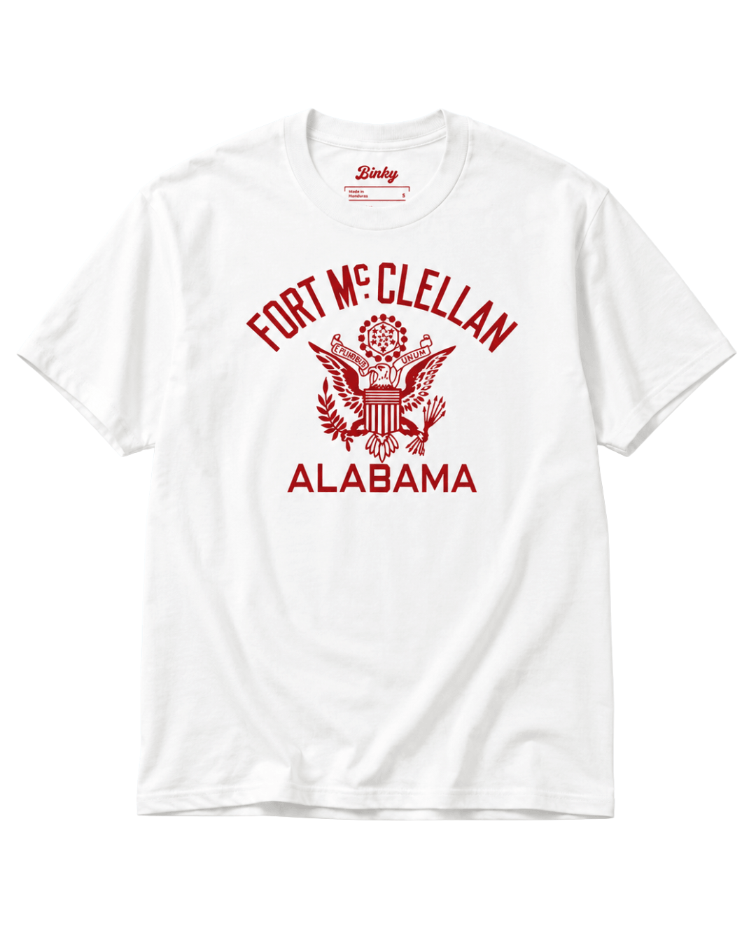 ALABAMA EAGLE BOOTLEG T-SHIRT | FORT McCLELLAN HERITAGE featuring a white shirt with red Fort McClellan print.
