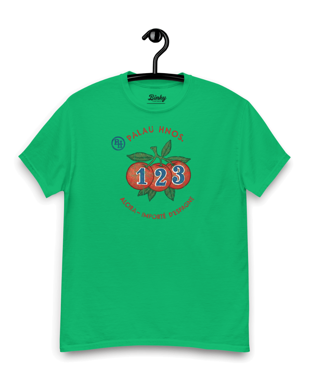 ALCIRA ORANGES T-SHIRT featuring vintage orange graphic on a green background, perfect for casual wear.