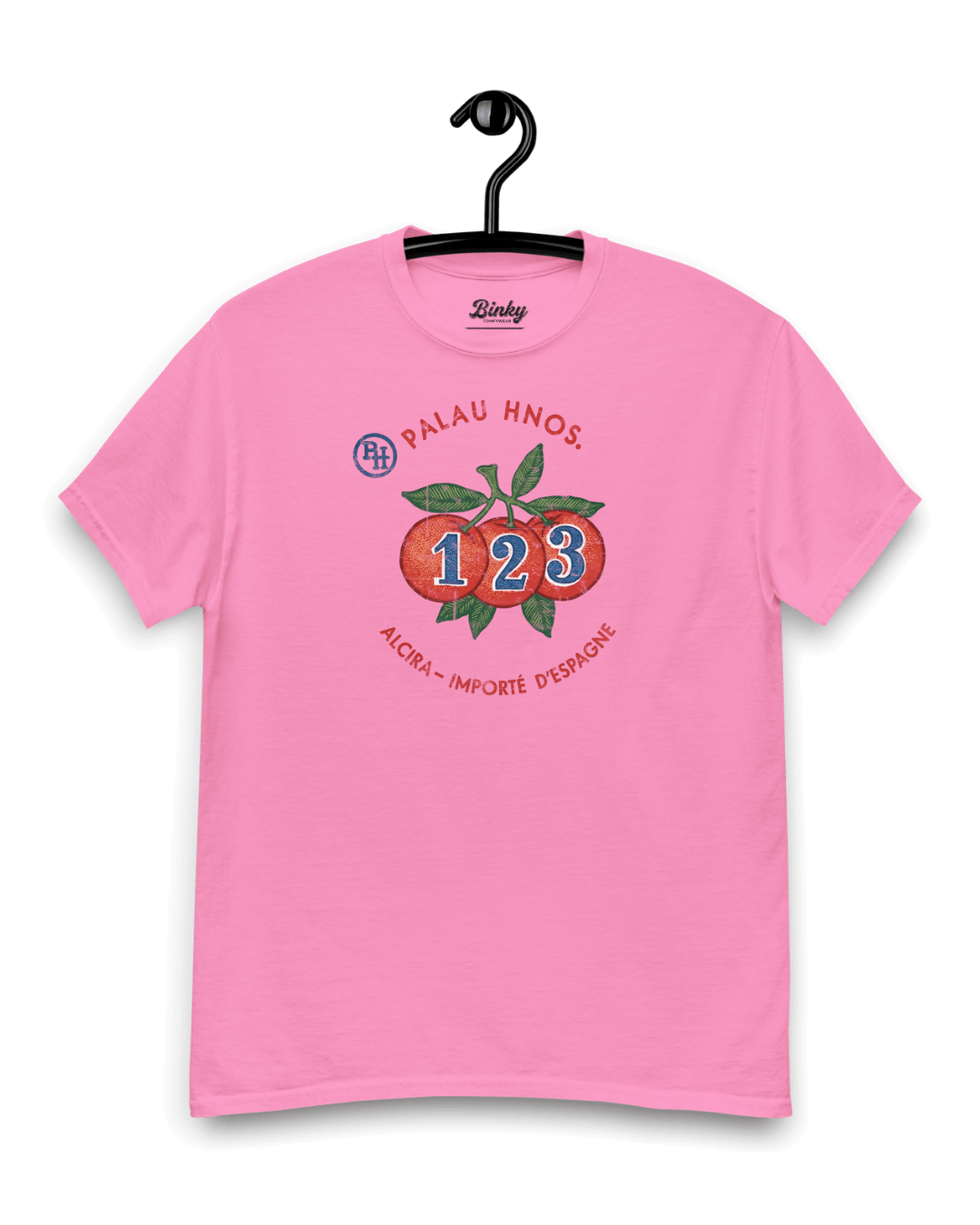 ALCIRA ORANGES T-SHIRT featuring a colorful orange design on a pink background.