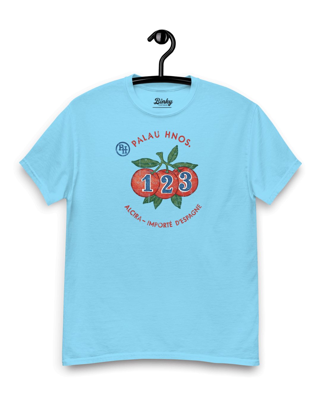 ALCIRA ORANGES T-SHIRT featuring a vintage design with oranges on a light blue shirt.