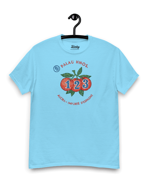 ALCIRA ORANGES T-SHIRT featuring a vintage design with oranges on a light blue shirt.