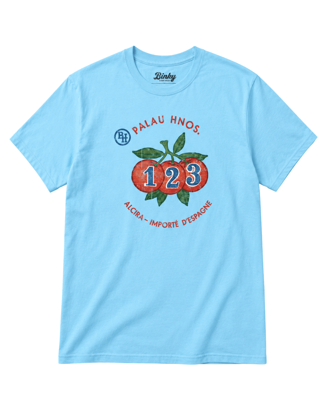 Alcira Oranges T-Shirt | The Real South-side Deal featuring a vintage orange graphic on a blue shirt.