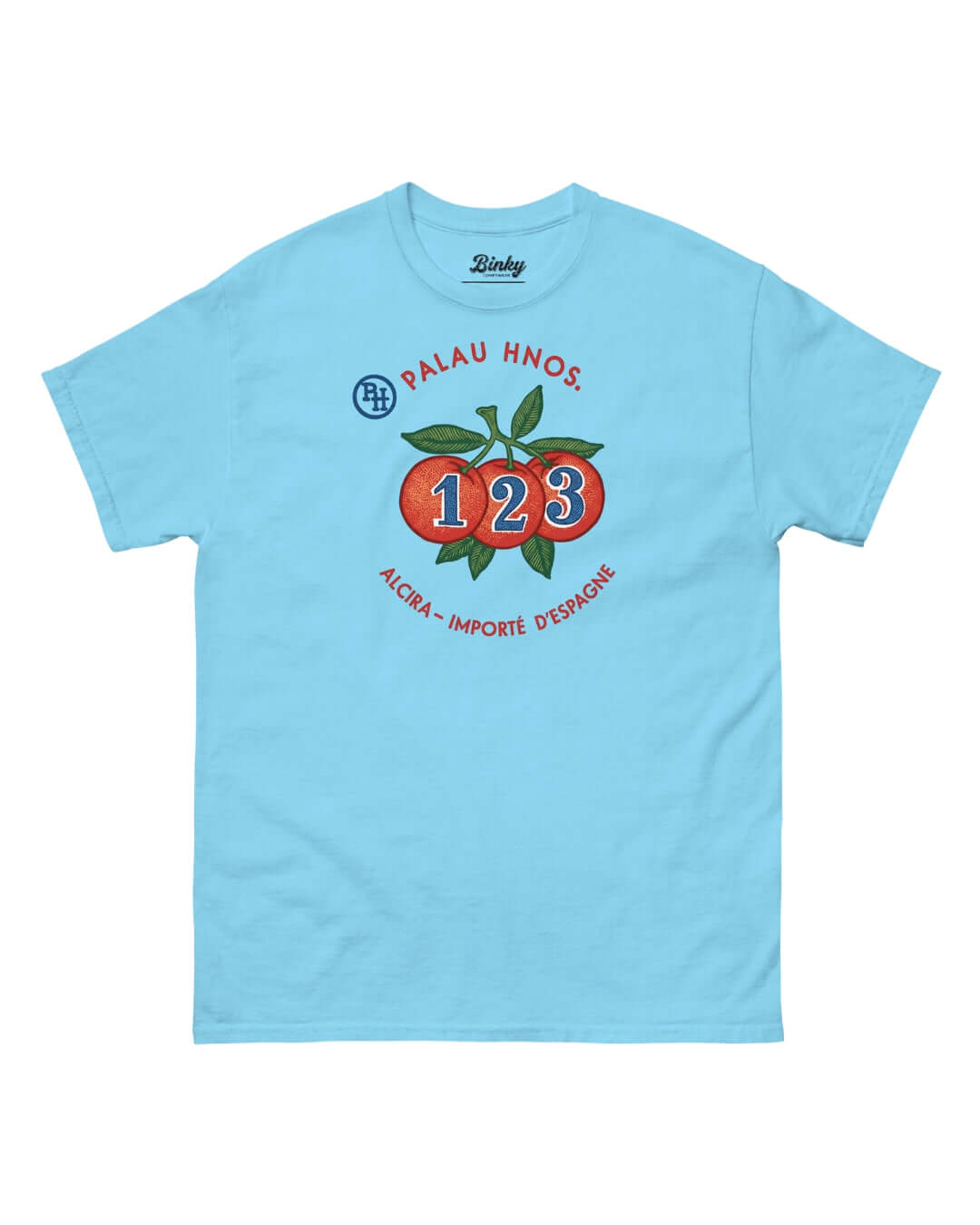 Alcira Oranges T-Shirt in Sky Blue with vintage-inspired orange graphic