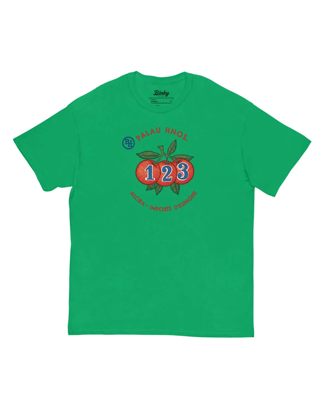 Alcira Oranges T-Shirt in Irish Green with retro Valencia citrus graphic