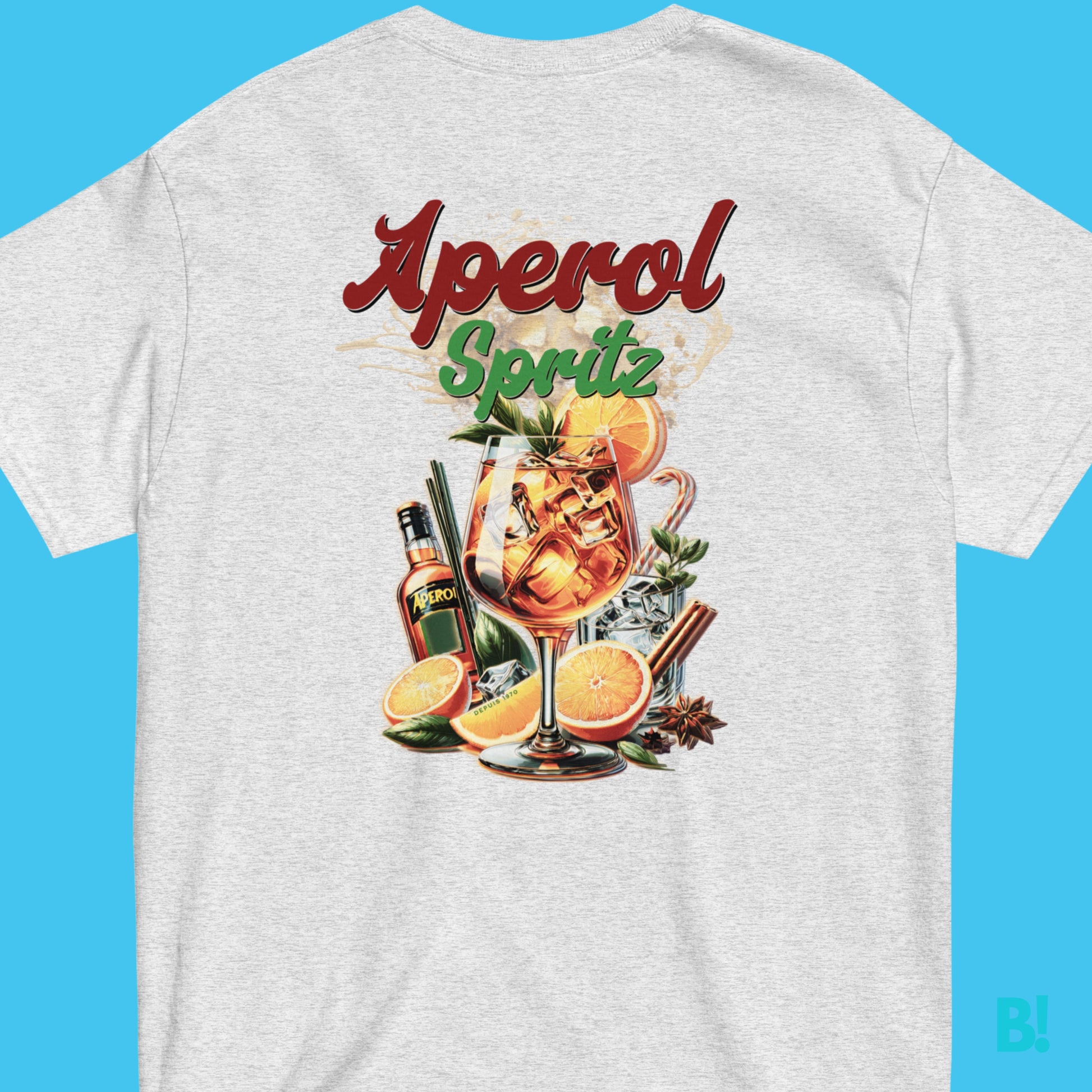 Unisex Aperol Spritz Cocktail T-Shirt with vibrant summer design featuring a classic drink, made from 100% cotton.