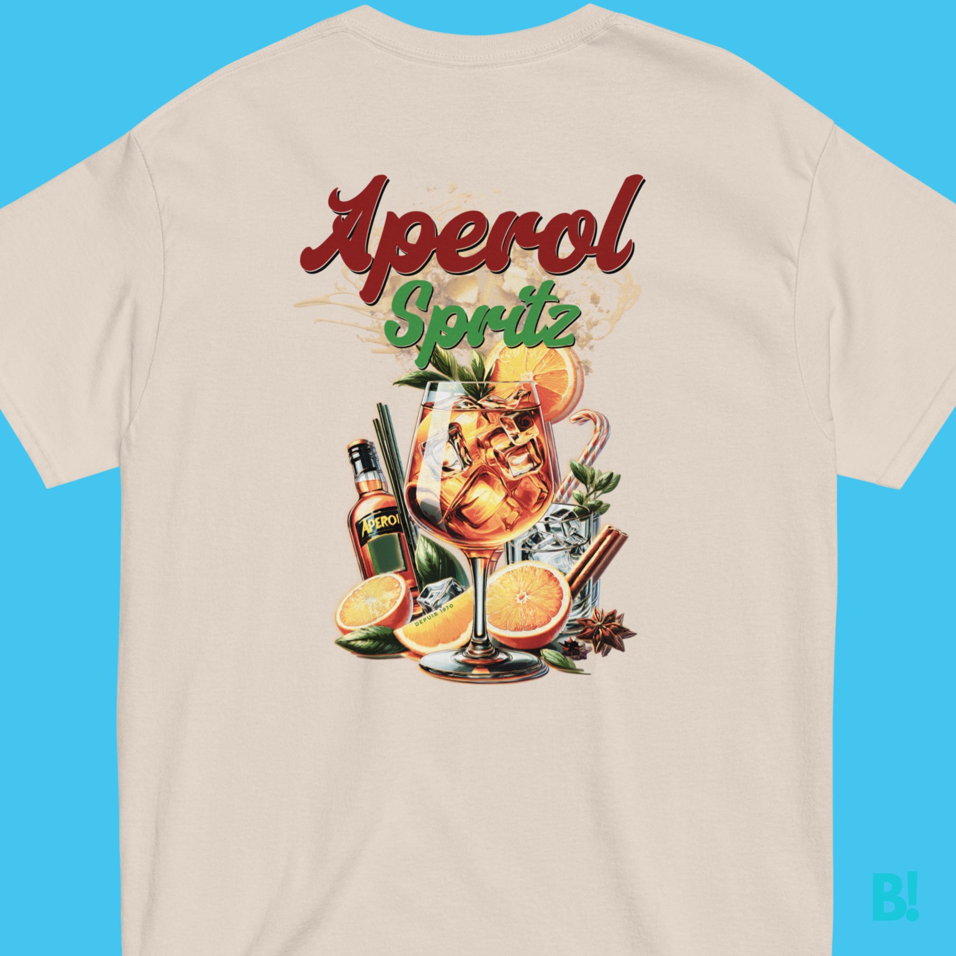 Aperol Spritz cocktail graphic on beige unisex t-shirt, perfect for summer vibes and style. 100% cotton comfort.