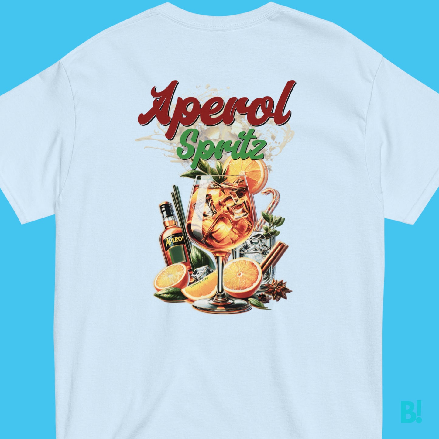 Aperol Spritz cocktail design on light blue unisex t-shirt, featuring vibrant oranges and aperitif bottle illustration.