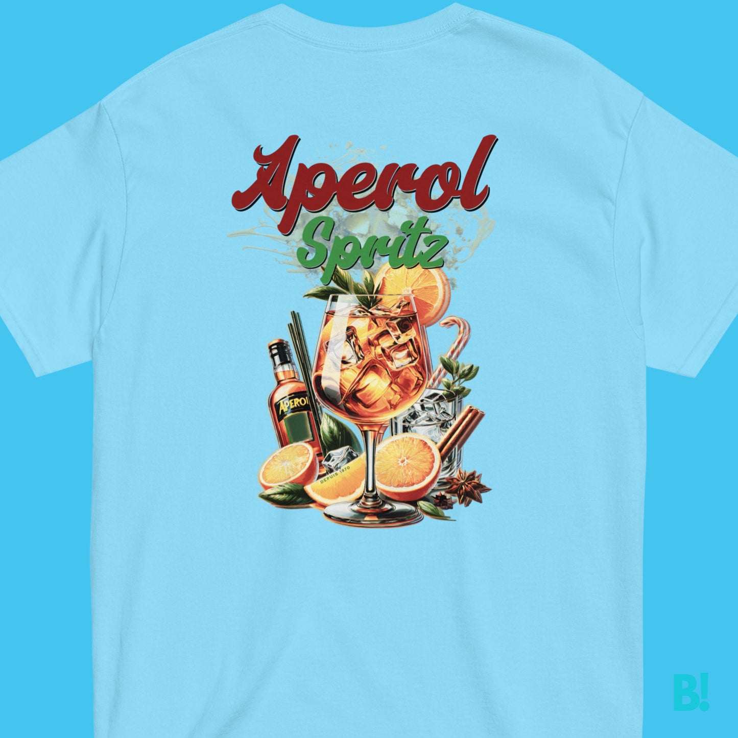 Blue Aperol Spritz Cocktail T-Shirt with vibrant summer design, featuring an illustrated cocktail and citrus elements, unisex cotton tee.