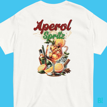 Aperol Spritz cocktail t-shirt with vibrant design featuring a glass and ingredients, perfect summer wardrobe addition. Unisex, 100% cotton.