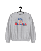 BAZOOKA JOE CLUB SWEATER featuring a playful graphic of Bazooka Joe, iconic retro bubble gum character on a gray sweatshirt.