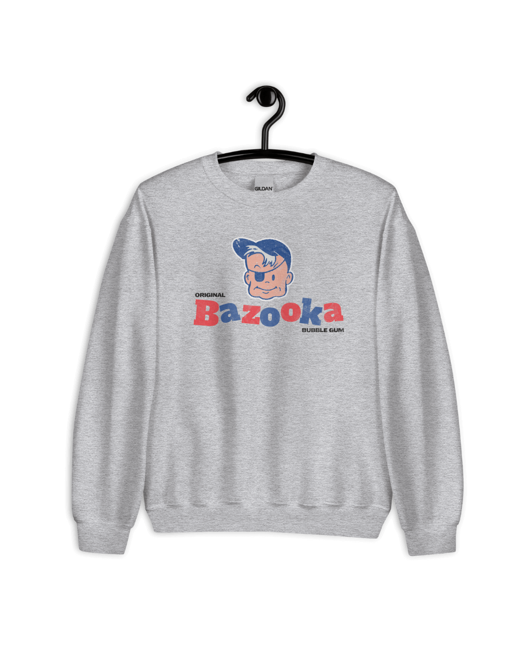 BAZOOKA JOE CLUB SWEATER featuring a playful graphic of Bazooka Joe, iconic retro bubble gum character on a gray sweatshirt.
