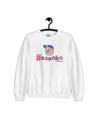 BAZOOKA JOE CLUB SWEATER featuring a playful graphic of Bazooka Joe on a white sweatshirt.