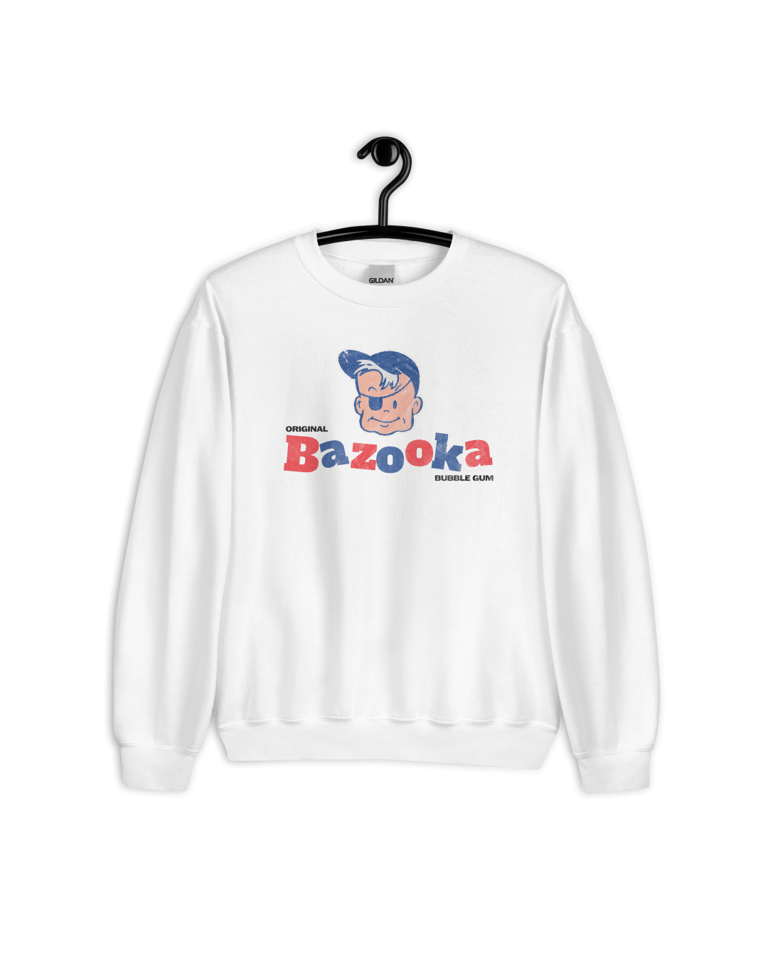 BAZOOKA JOE CLUB SWEATER featuring a playful graphic of Bazooka Joe on a white sweatshirt.