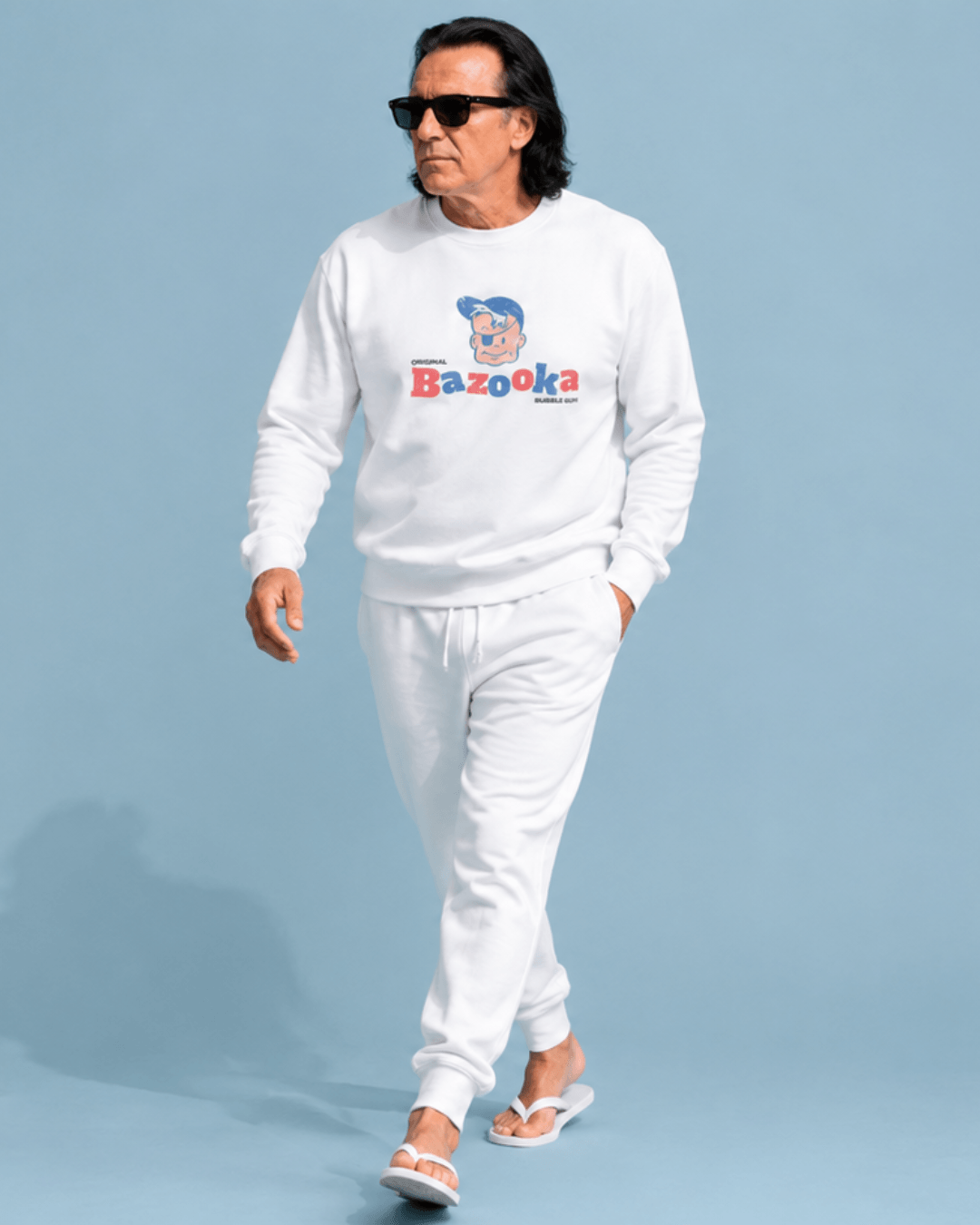 Model wearing Bazooka Joe Sweater | Retro Bubblegum Club, showcasing vintage style and nostalgia.