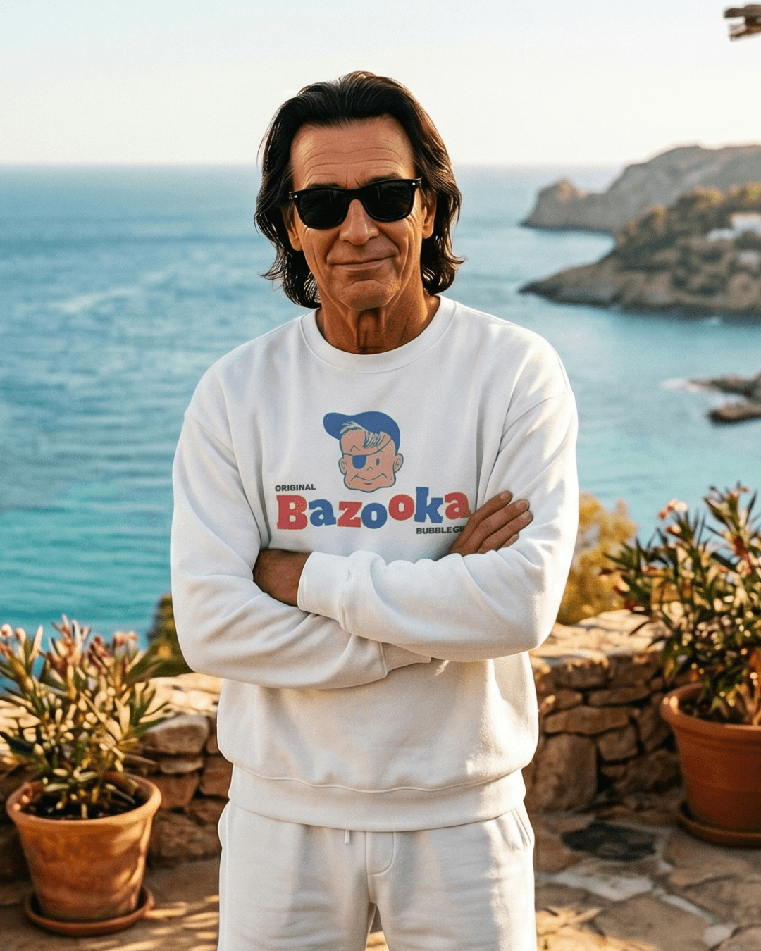 Man wearing a Bazooka Joe Sweater by Retro Bubblegum Club, standing near the ocean with a scenic view.