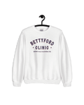 BETTY FORD CLINIC SWEATER on a hanger showcasing vintage graphic design with Beverly Hills California USA text.