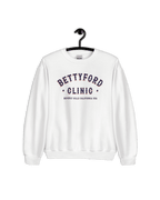 BETTY FORD CLINIC SWEATER on a hanger showcasing vintage graphic design with Beverly Hills California USA text.