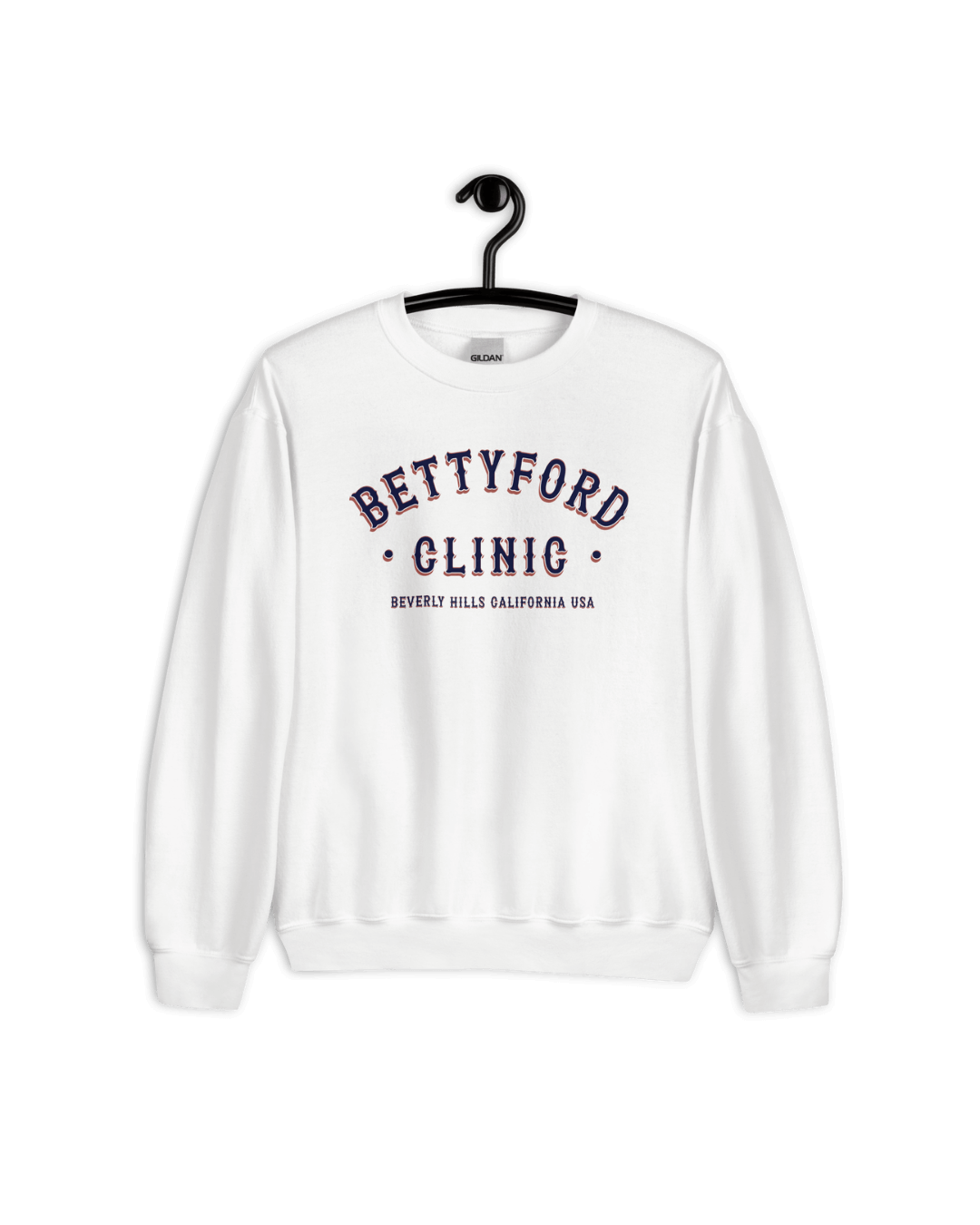 BETTY FORD CLINIC SWEATER on a hanger showcasing vintage graphic design with Beverly Hills California USA text.