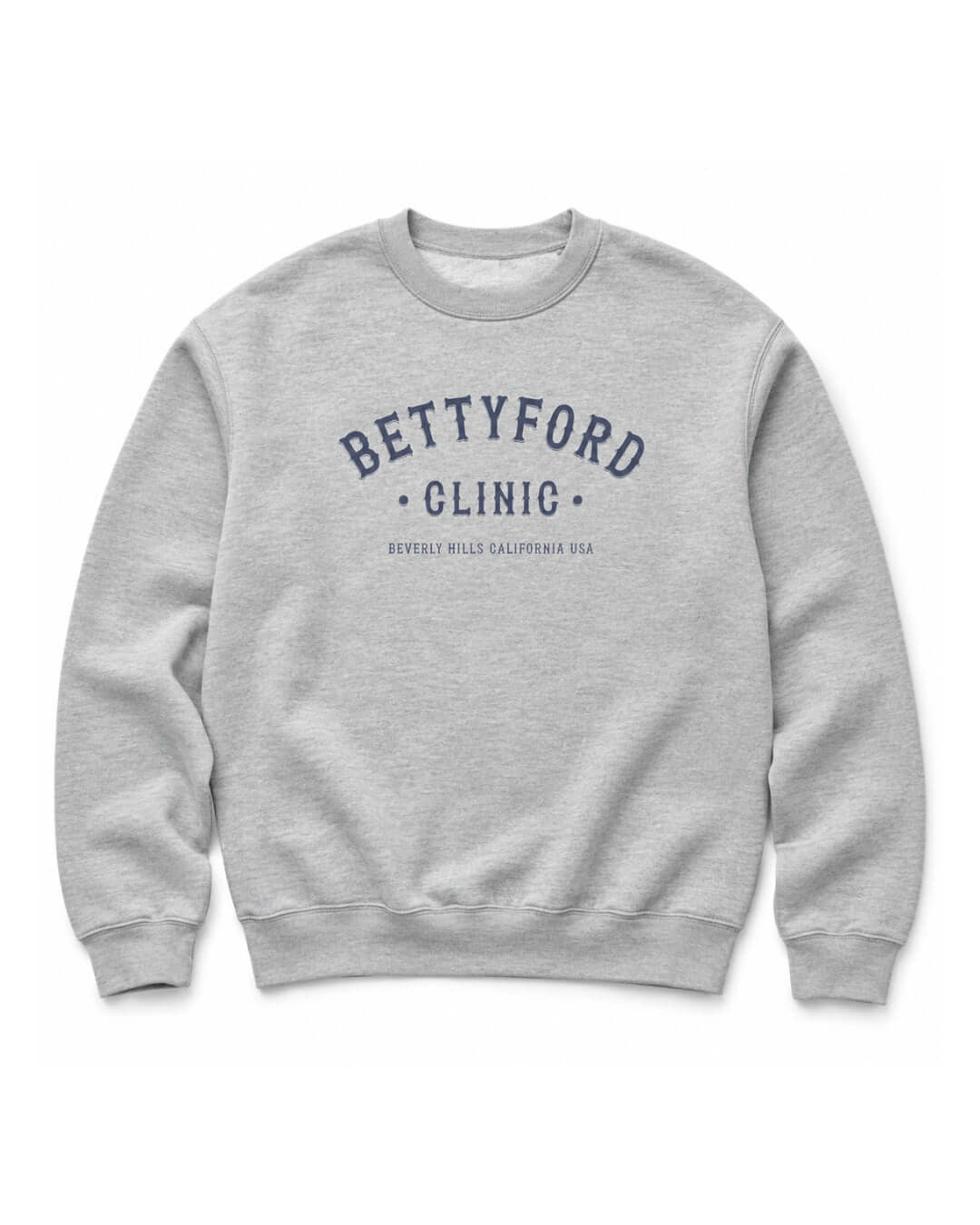 BINKY Betty Ford Clinic Heavy Sweater in Athletic Heather, front view with dark Beverly Hills varsity graphic.