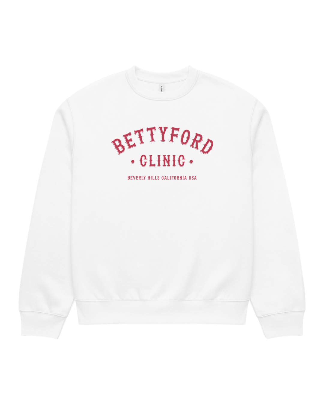 Betty Ford Clinic Heavy Sweater in white, featuring red text, embodying 80s nostalgia and Hollywood culture.