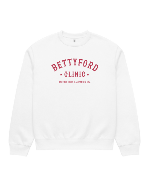 BINKY Betty Ford Clinic Heavy Sweater in White, front view with red Betty Ford Clinic collegiate graphic.