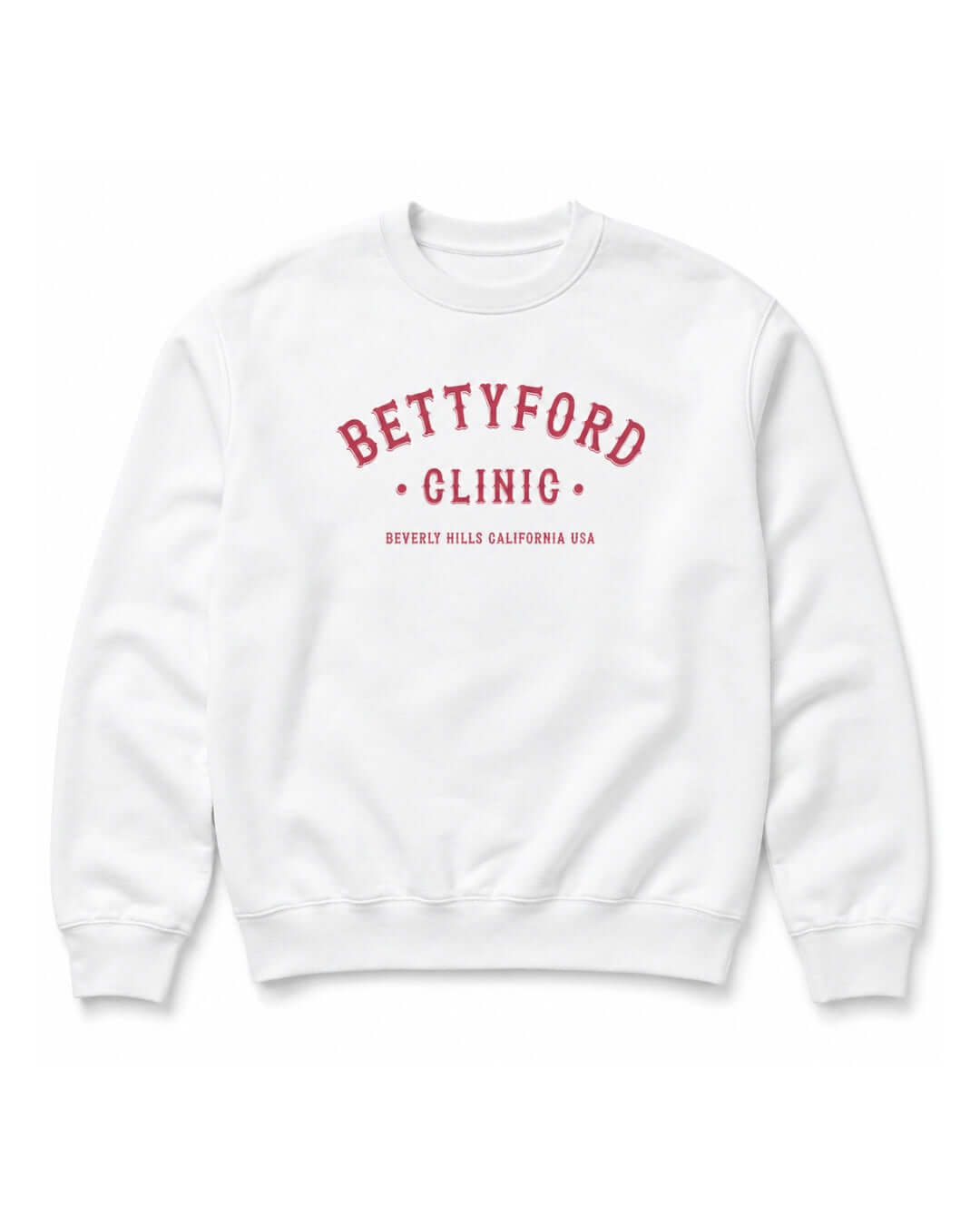 BINKY Betty Ford Clinic Heavy Sweater in White, front view with red Betty Ford Clinic collegiate graphic.