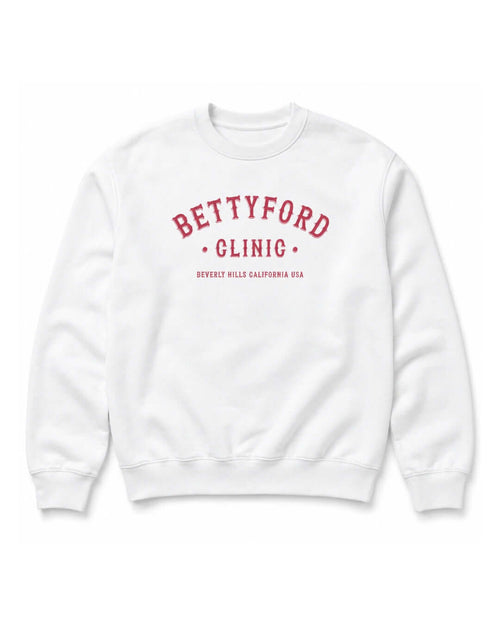 BINKY Betty Ford Clinic Heavy Sweater in White, front view with red Betty Ford Clinic collegiate graphic.
