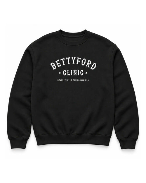 BINKY Betty Ford Clinic Heavy Sweater in Vintage Black, front view with white Beverly Hills varsity graphic.