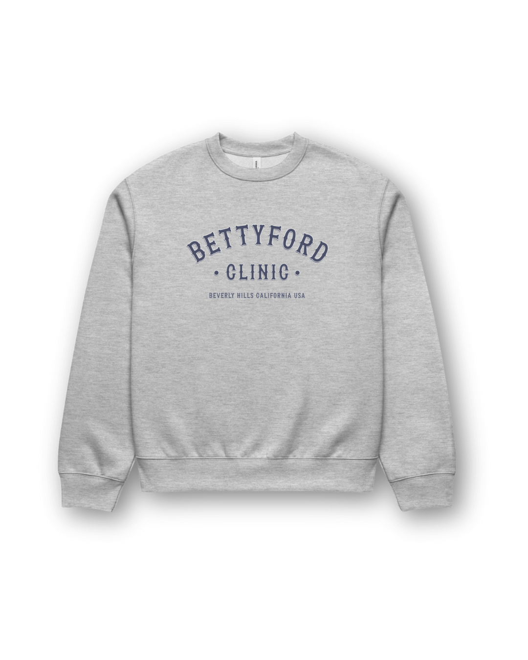 BETTY FORD CLINIC HEAVY SWEATER in grey with navy print, featuring Beverly Hills, California USA.