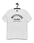 BETTY FORD CLINIC VARSITY T-SHIRT on a hanger, featuring a retro design and dark humor, made of soft organic cotton.