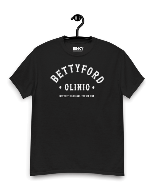 Betty Ford Clinic Varsity T-Shirt in organic cotton with retro varsity print, unisex fit S–3XL. Betty Ford Clinic T-shirt
