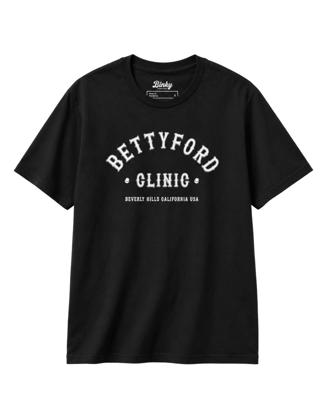 Betty Ford Clinic T-Shirt | Varsity Team black t-shirt featuring 'BETTYFORD CLINIC' print.