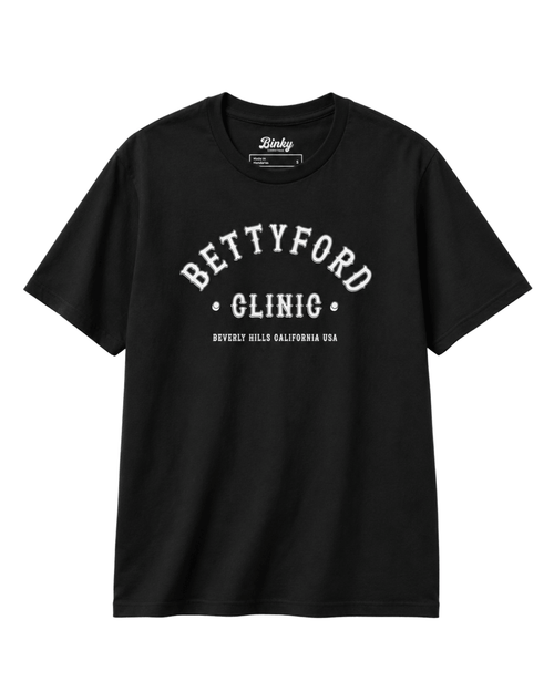 Betty Ford Clinic T-Shirt | Varsity Team black t-shirt featuring 'BETTYFORD CLINIC' print.