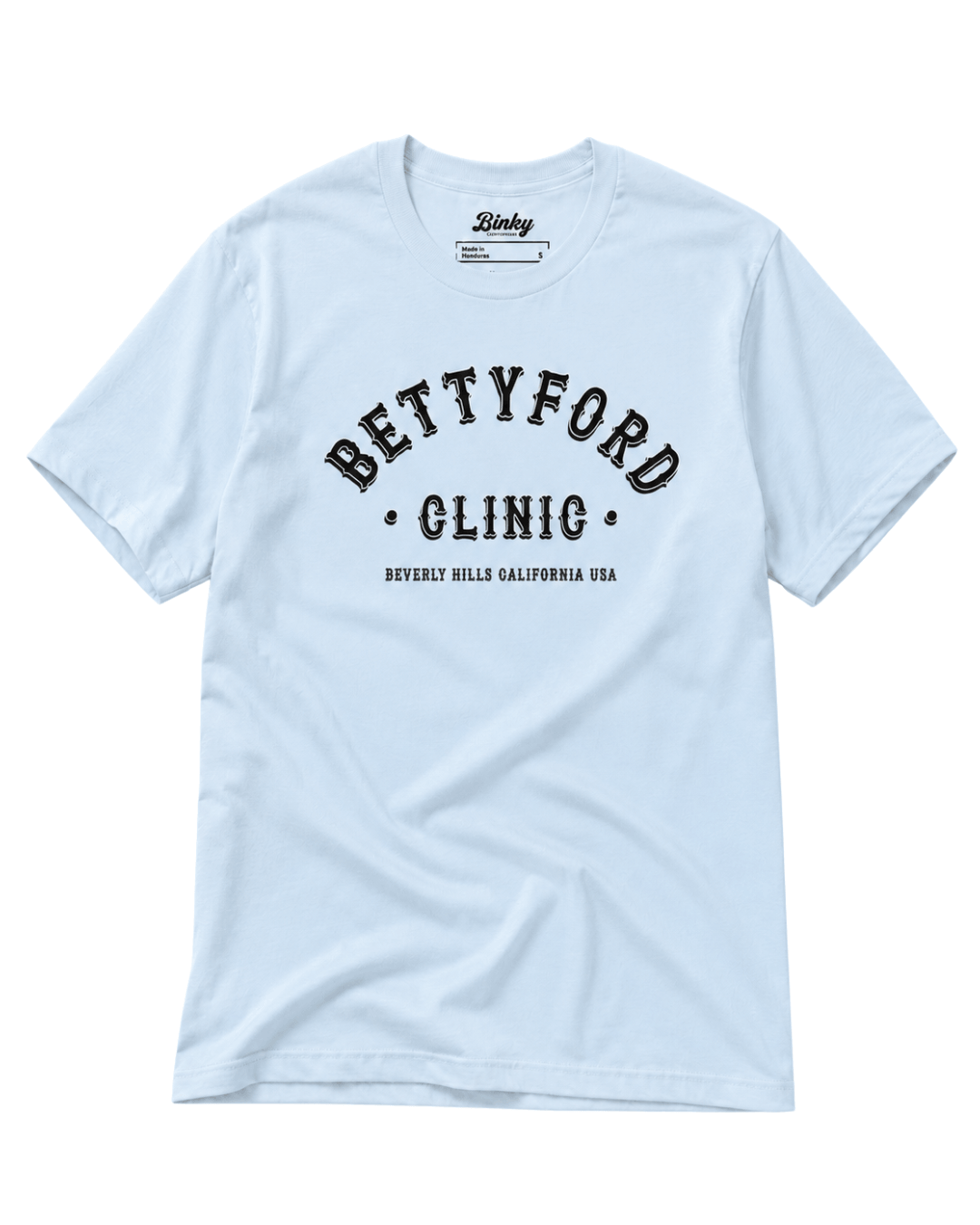 Betty Ford Clinic T-Shirt | Varsity Team in light blue with bold graphic print.