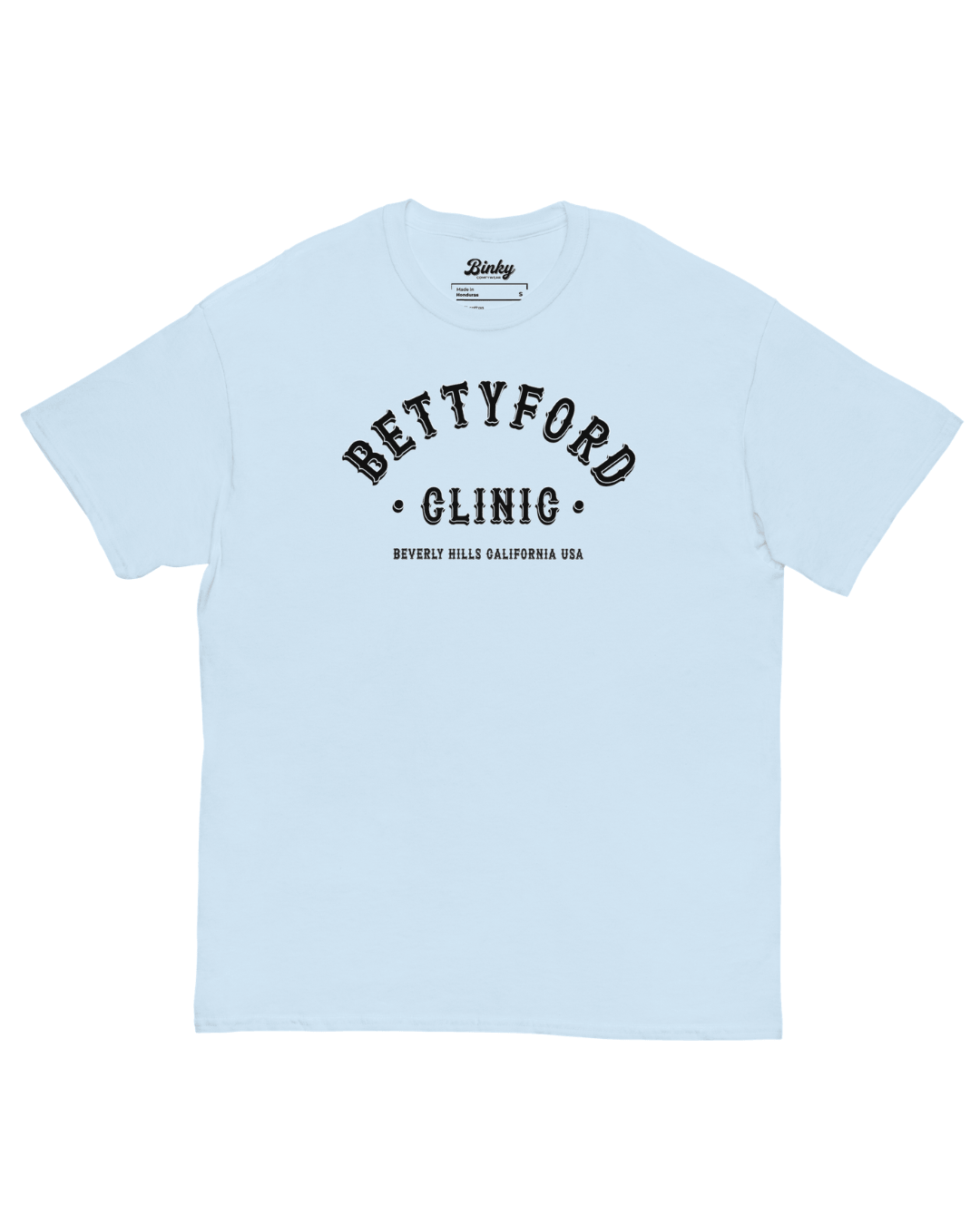 Betty Ford Clinic T-Shirt | Varsity Team featuring a retro graphic on a light blue tee from Binky comfywear.