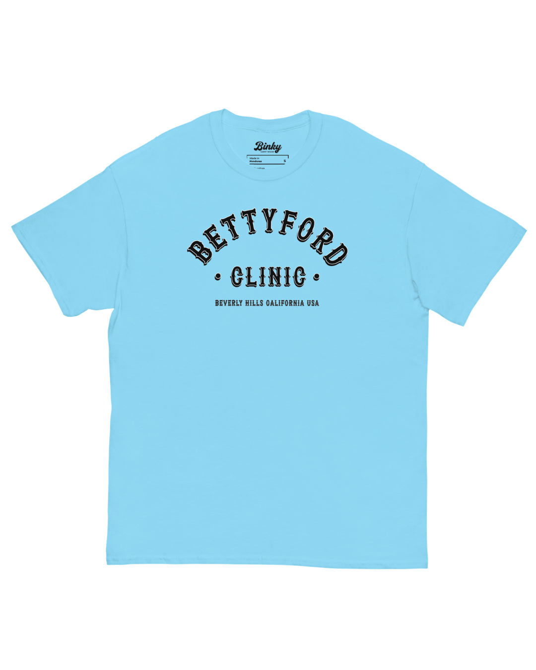 Betty Ford Clinic T-Shirt | Varsity Team in vibrant blue with retro graphic design by Binky comfywear.
