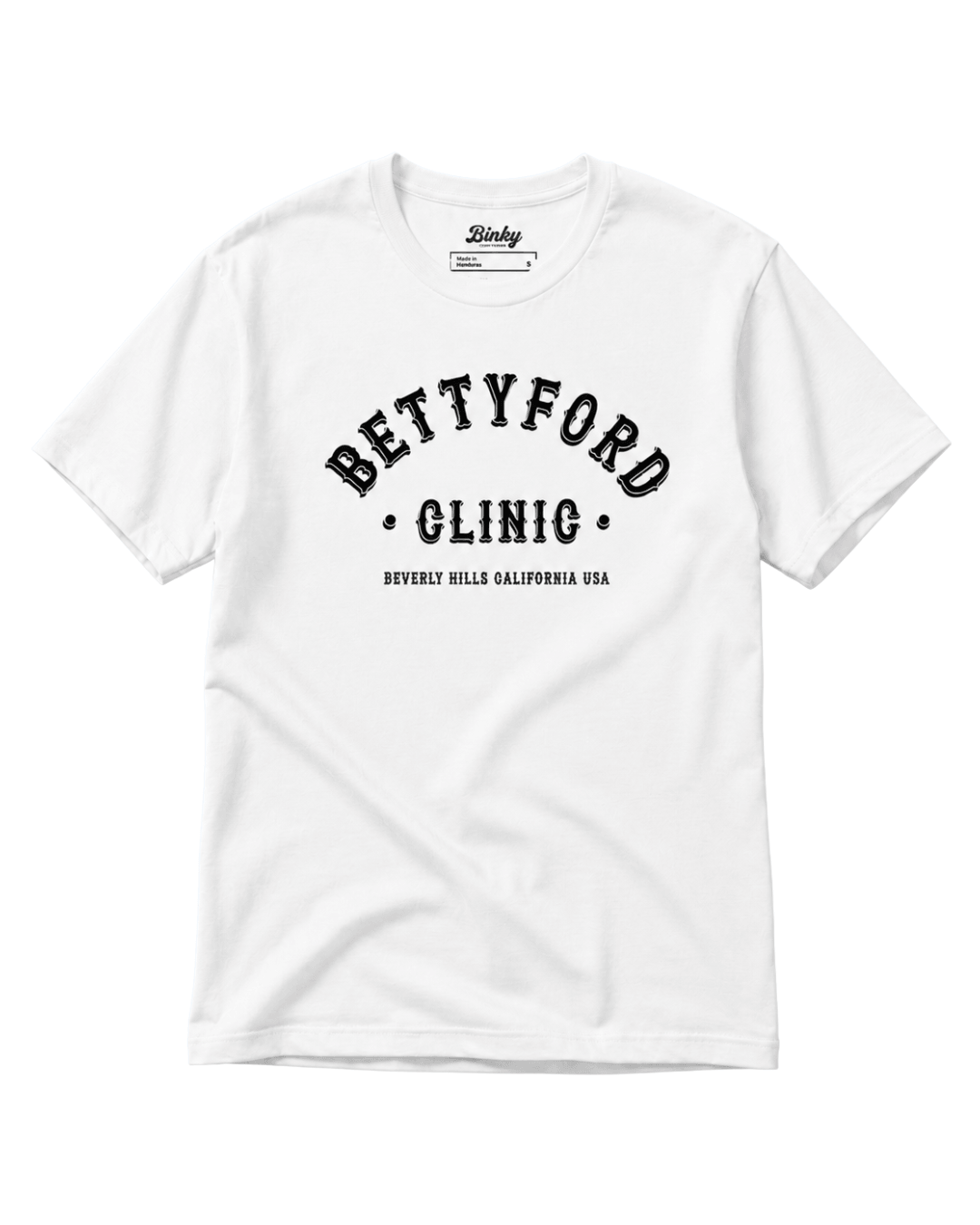 Betty Ford Clinic T-Shirt | Varsity Team in white with black graphic design, featuring Beverly Hills California, USA.