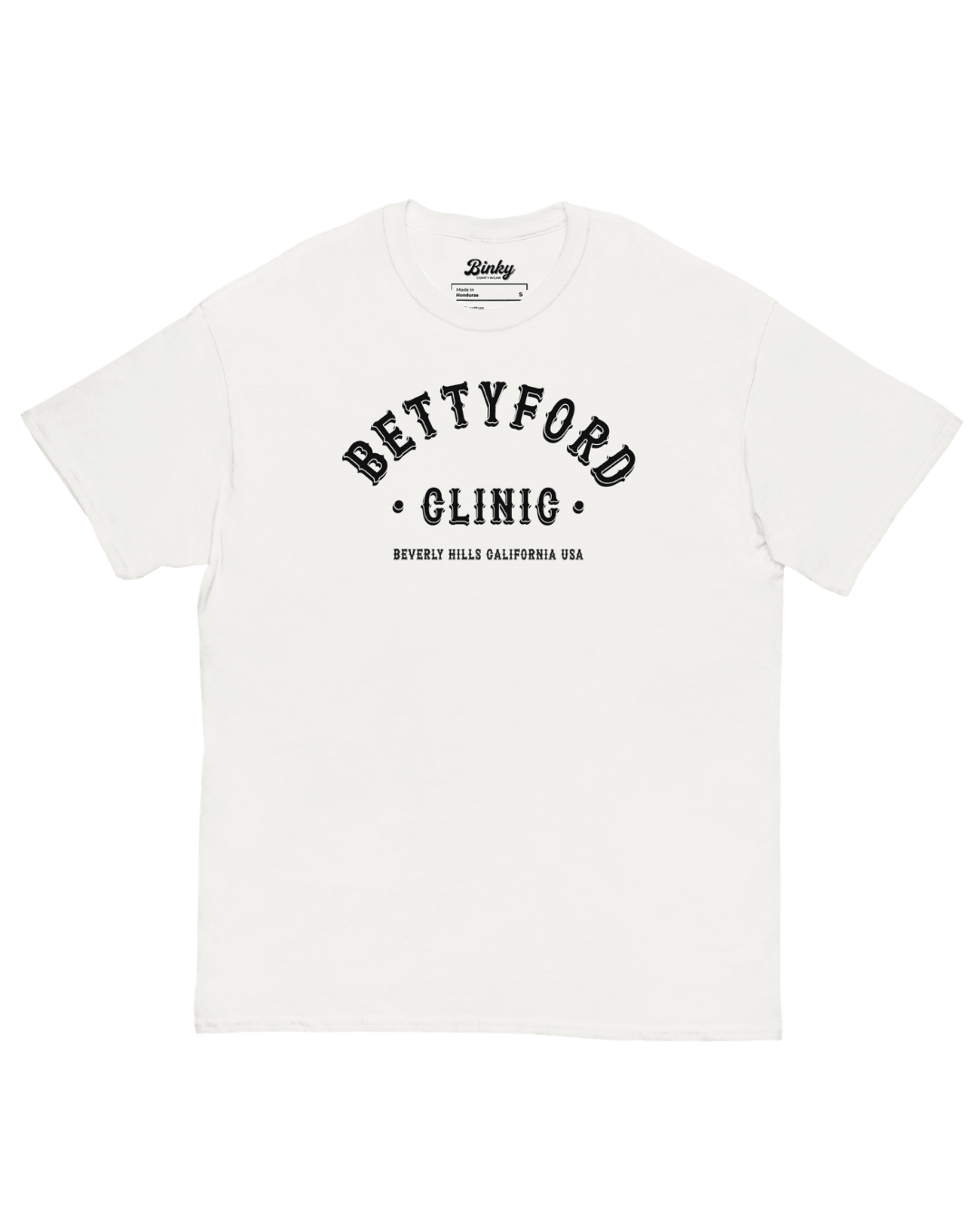 Betty Ford Clinic T-Shirt | Varsity Team in white with vintage lettering from Binky comfywear.