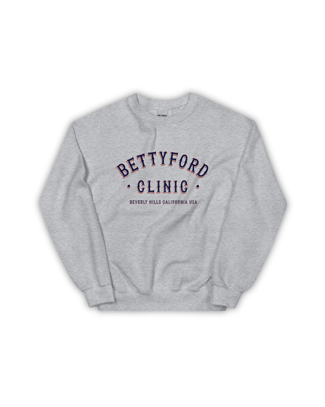 Betty Ford Clinic Sweater | Rehab Club Retro in grey with classic lettering design, perfect for casual wear.